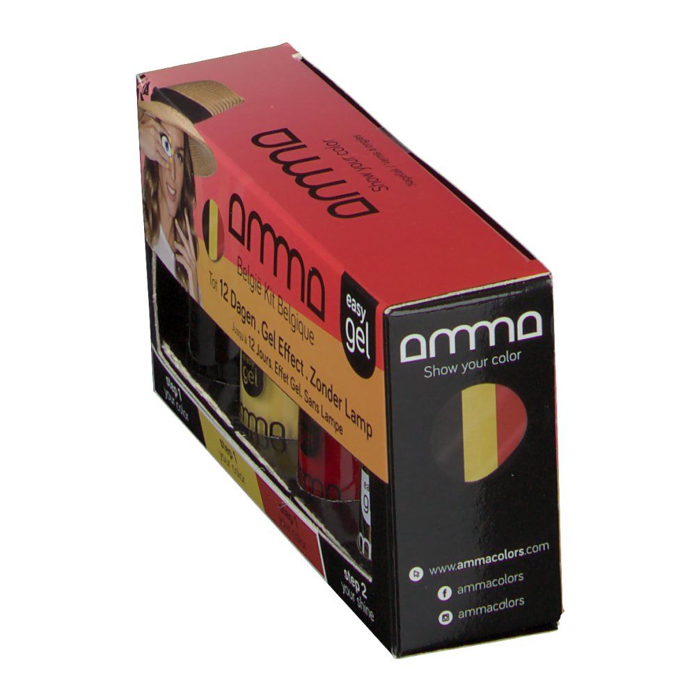 Coffret de vernis à ongles. Contient quatre flacons. Inscription : Belgique Kit, easy gel. Emballage avec drapeau belge.