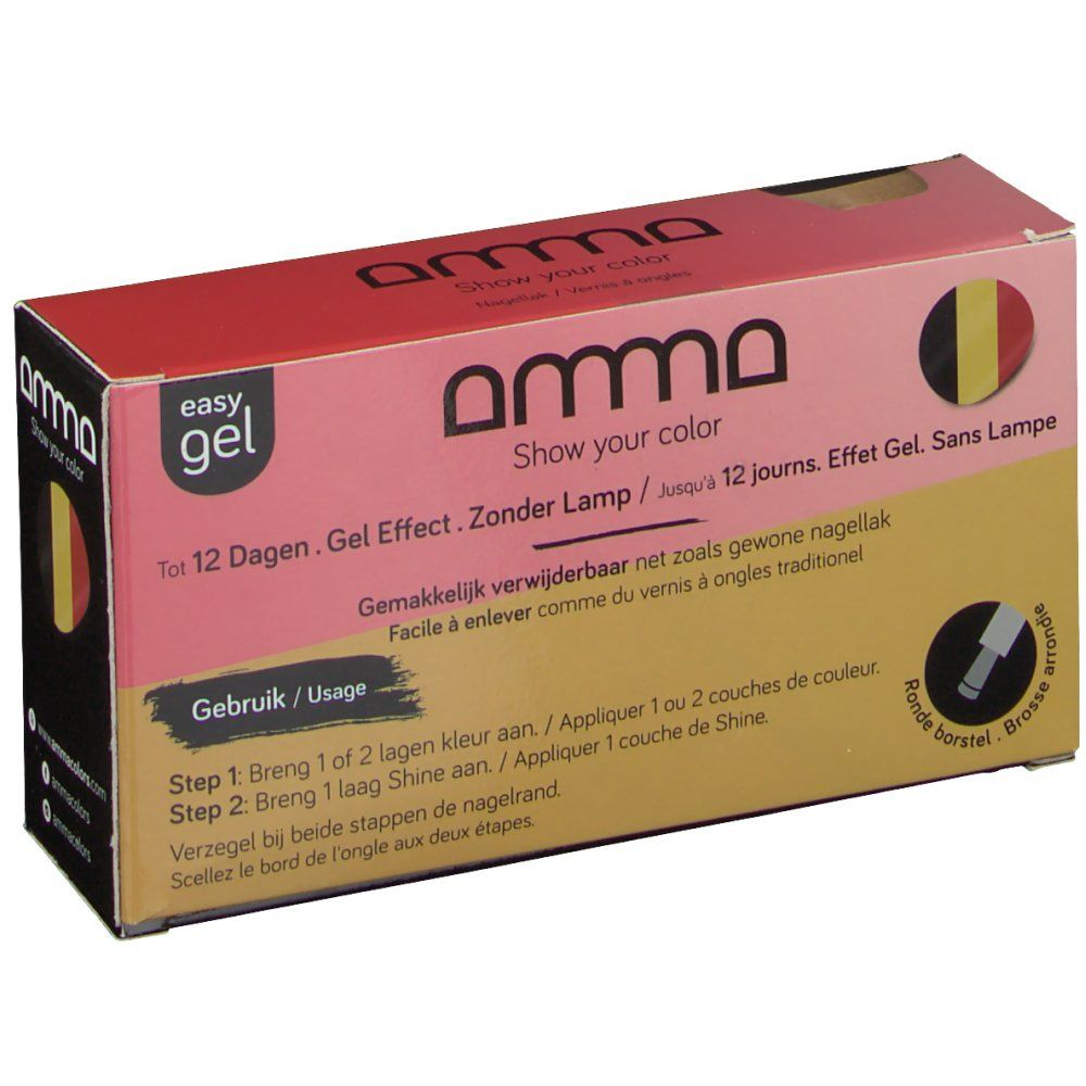Emballage de coffret de vernis à ongles. Inscription : amna, easy gel, Belgique Kit. Contient des instructions et des illustrations.