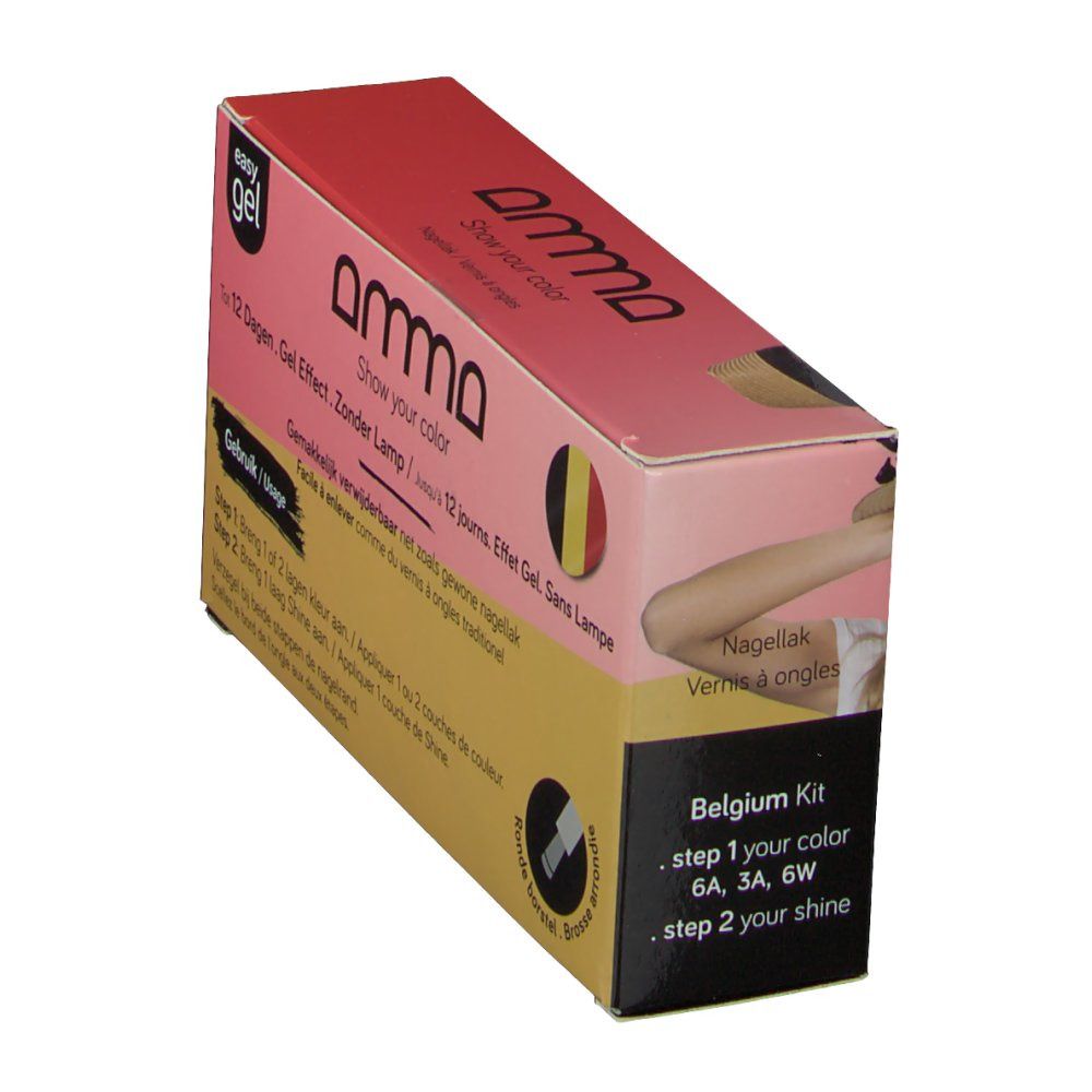 Emballage de coffret de vernis à ongles. Inscription : amna, easy gel, Belgique Kit. Contient des instructions et des illustrations.