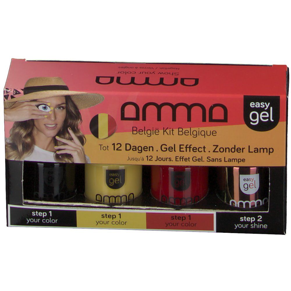 Coffret de vernis à ongles. Contient quatre flacons de couleurs jaune, rouge, noir et transparent. Inscription : Belgique Kit, easy gel.
