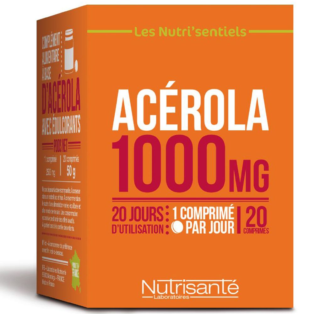 Boîte orange avec inscription "ACEROLA 1000 mg". Contient 20 comprimés. Marque : Nutrisanté.