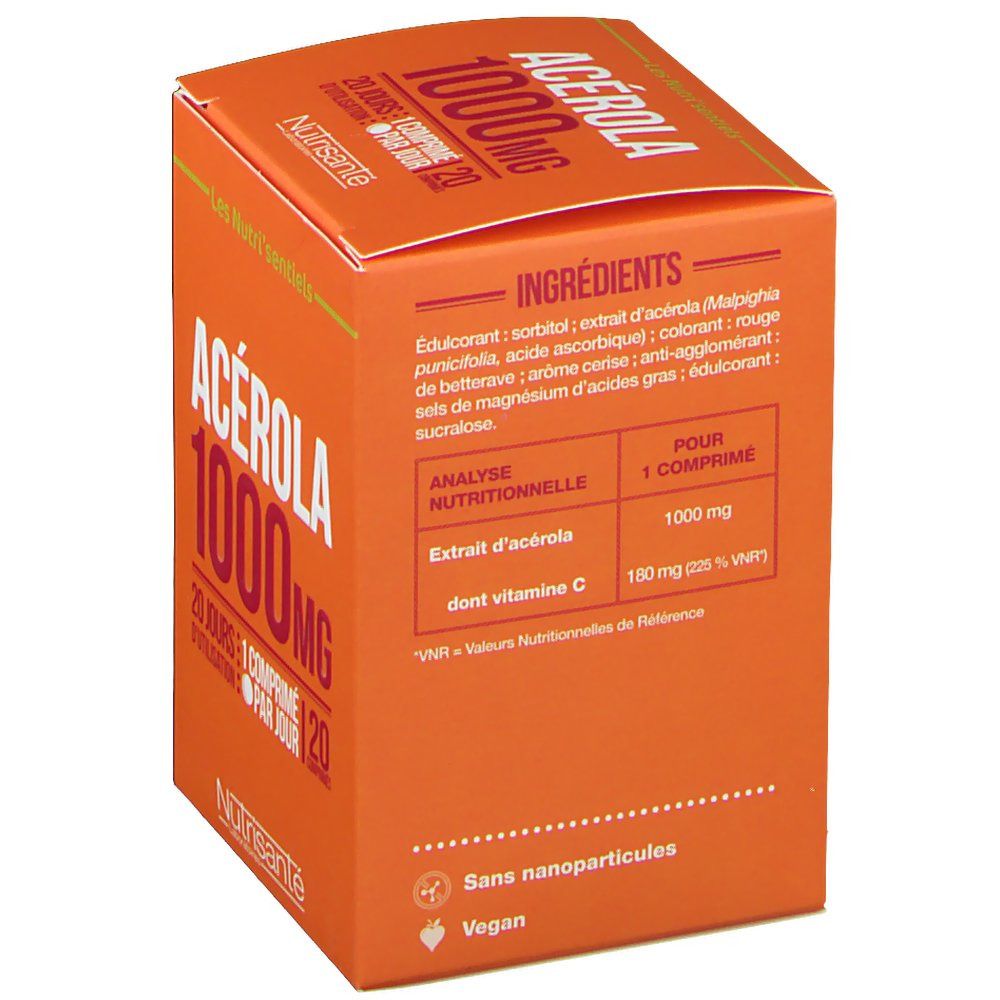 Boîte orange avec liste d'ingrédients et analyse nutritionnelle. Contient "ACEROLA 1000 mg". Marque : Nutrisanté.