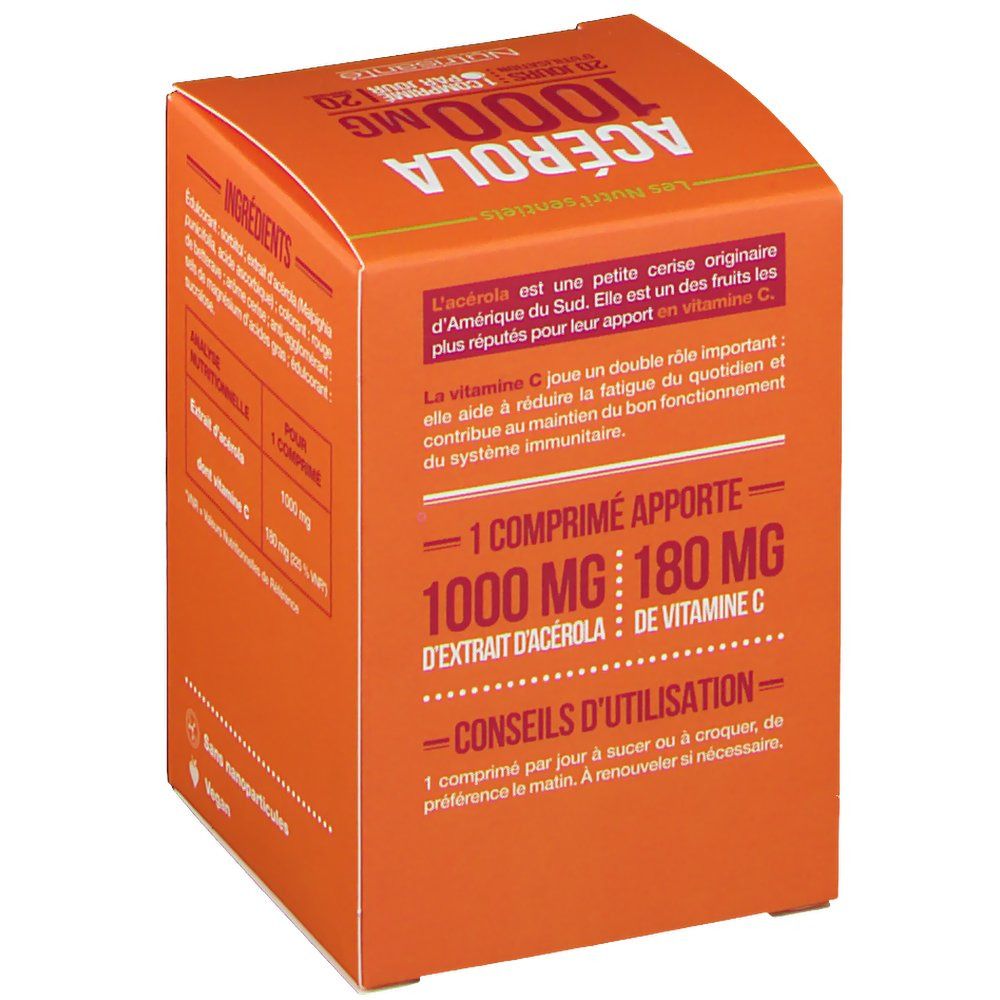 Boîte orange avec texte sur l'acérola et la vitamine C. Contient "ACEROLA 1000 mg". Marque : Nutrisanté.