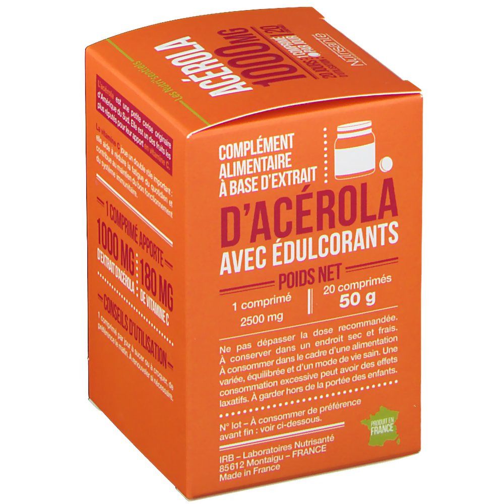 Boîte orange avec texte sur complément alimentaire. Contient "ACEROLA 1000 mg". Marque : Nutrisanté.