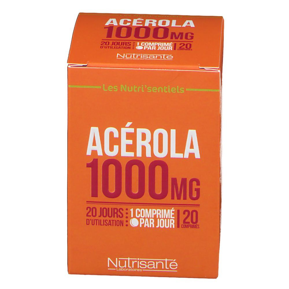 Boîte orange avec inscription "ACEROLA 1000 mg". Contient 20 comprimés. Marque : Nutrisanté.
