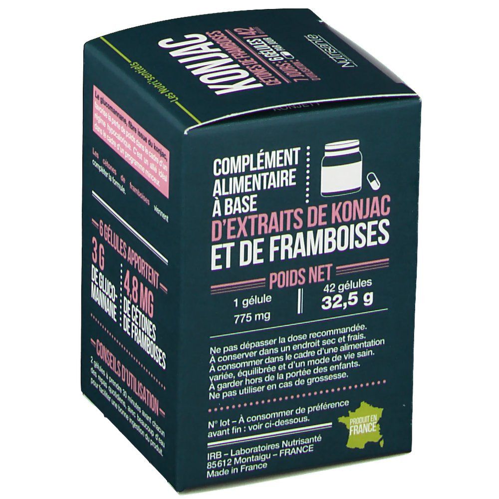 Boîte verte foncée avec texte blanc et rose. Contient des gélules de Konjac. Poids net 32,5 g, 42 gélules. Fabriqué en France.