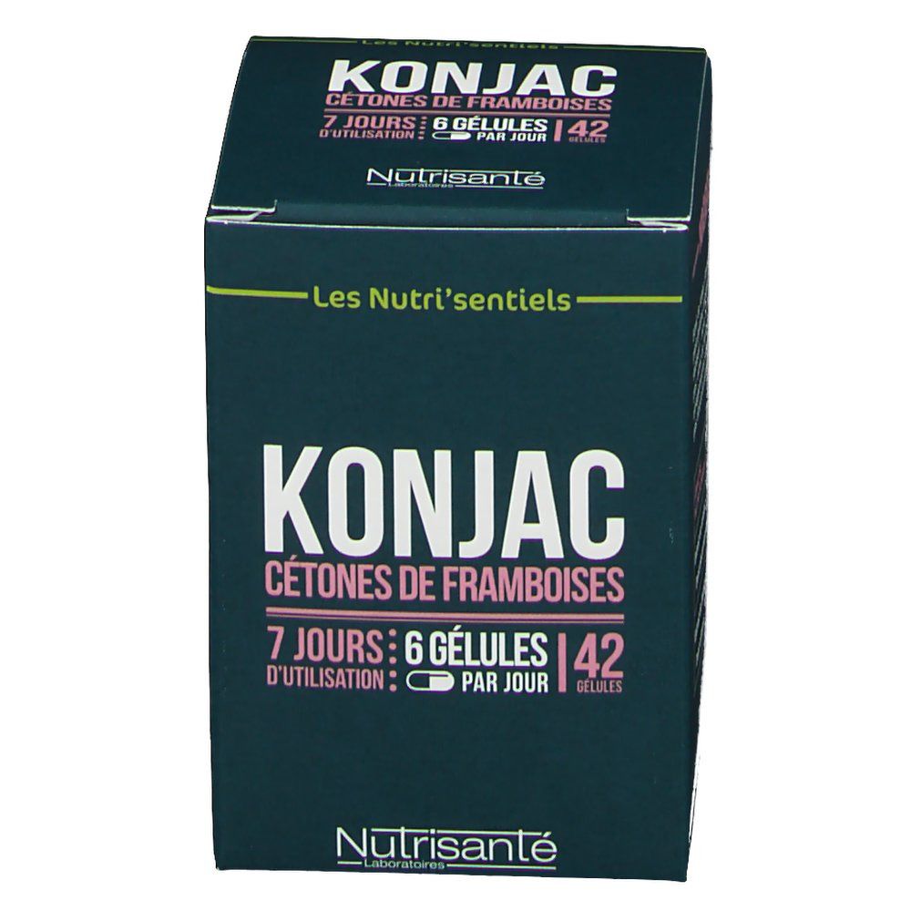 Boîte verte foncée avec texte blanc. Contient des gélules de Konjac. 42 gélules, 6 par jour. Marque Nutrisanté.