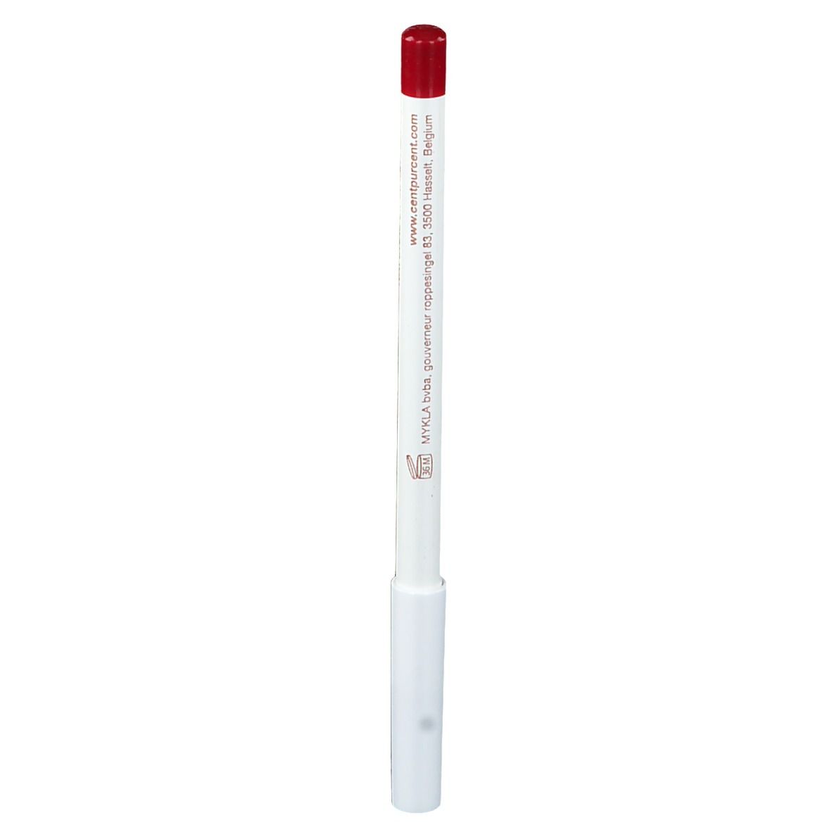 Witte lipliner met rode punt. Opschrift: CENT PUR CENT. Adres.