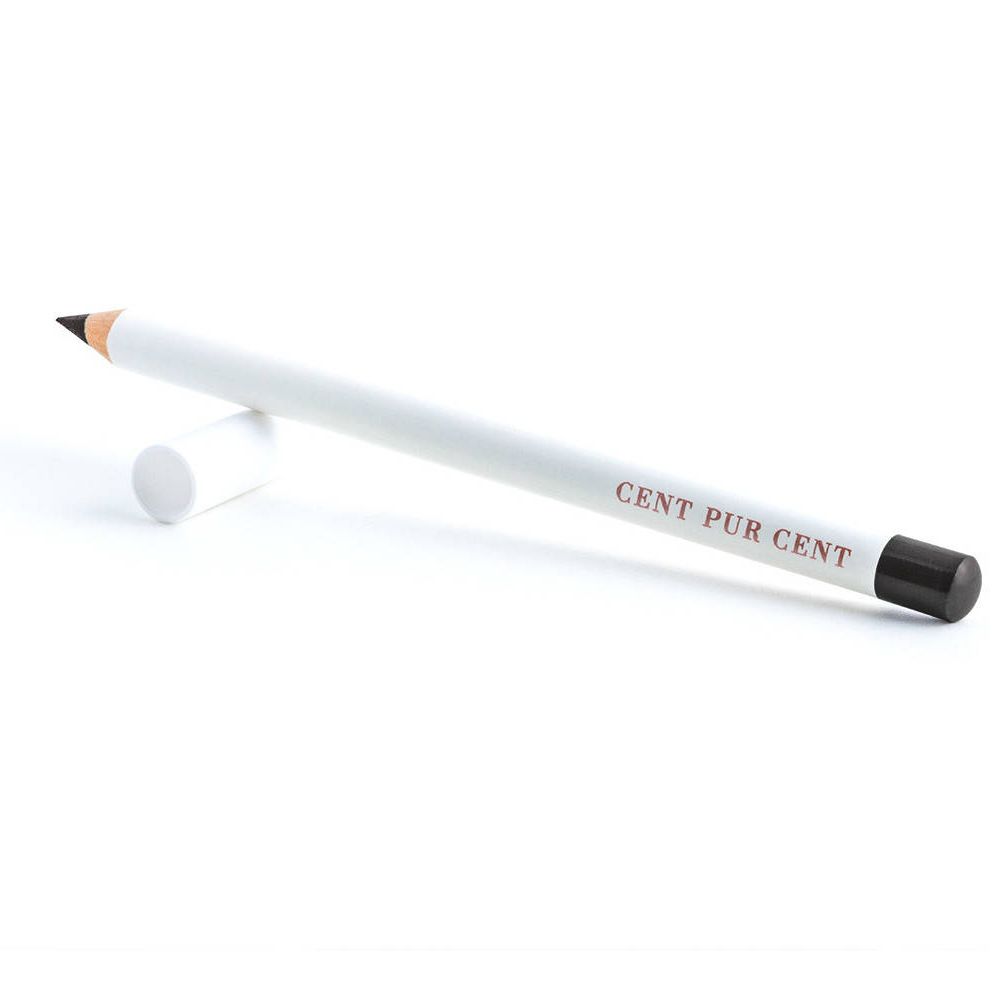 Zwart kajalpotlood met witte schacht en zwarte dop. Opschrift: CENT PUR CENT.