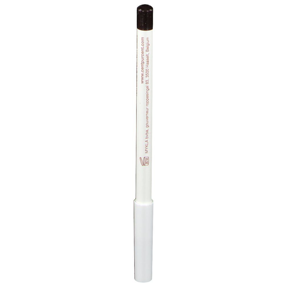 Crayon khôl blanc avec pointe marron. Inscription : MYKLA b.vba. Adresse.