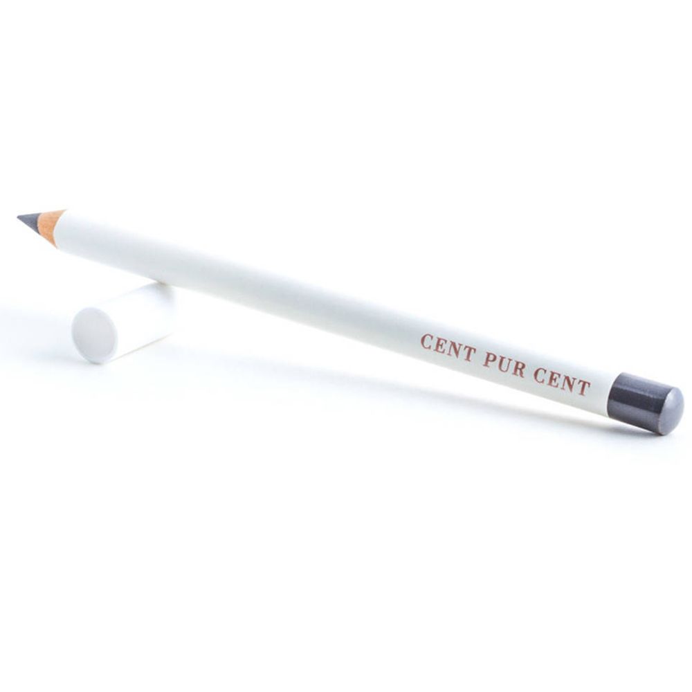 Crayon khôl gris avec corps blanc et capuchon gris. Sur le crayon est inscrit "CENT PUR CENT". Le capuchon est à côté.