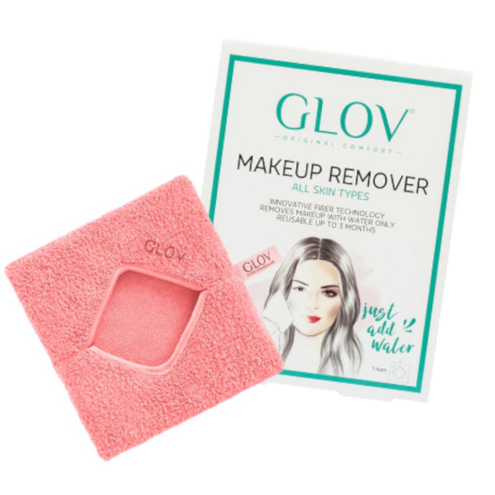 Lingette démaquillante rose GLOV® avec ouverture carrée et emballage. Texte : GLOV, Makeup Remover, All Skin Types.