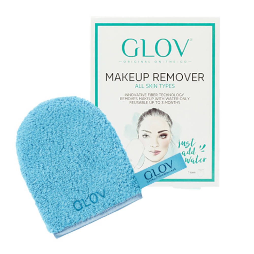 Gant démaquillant GLOV® bleu et emballage. Inscription : Makeup Remover, All Skin Types. Utiliser avec de l'eau.