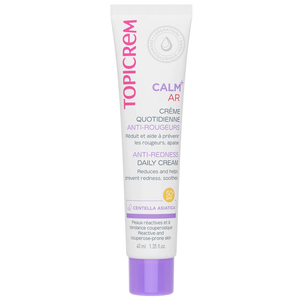 Weiße Tube mit lila Verschluss. Schriftzug TOPICREM und CALM AR Crème. Text: Anti-Rötungen. 40 ml.