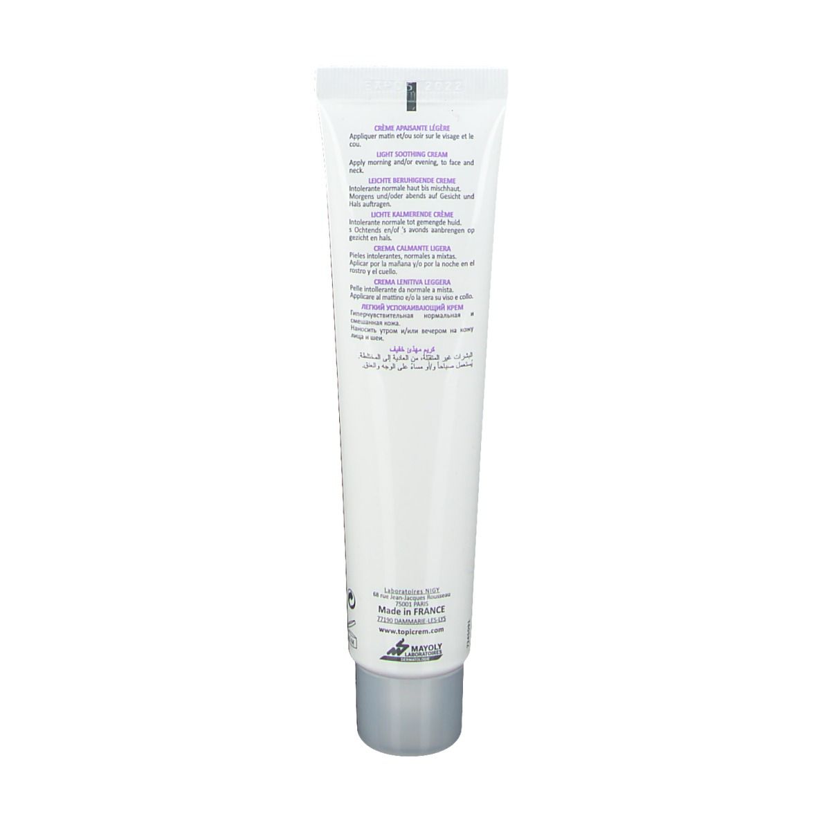Dos du tube. Texte multilingue. Informations fabricant. Bouchon gris.