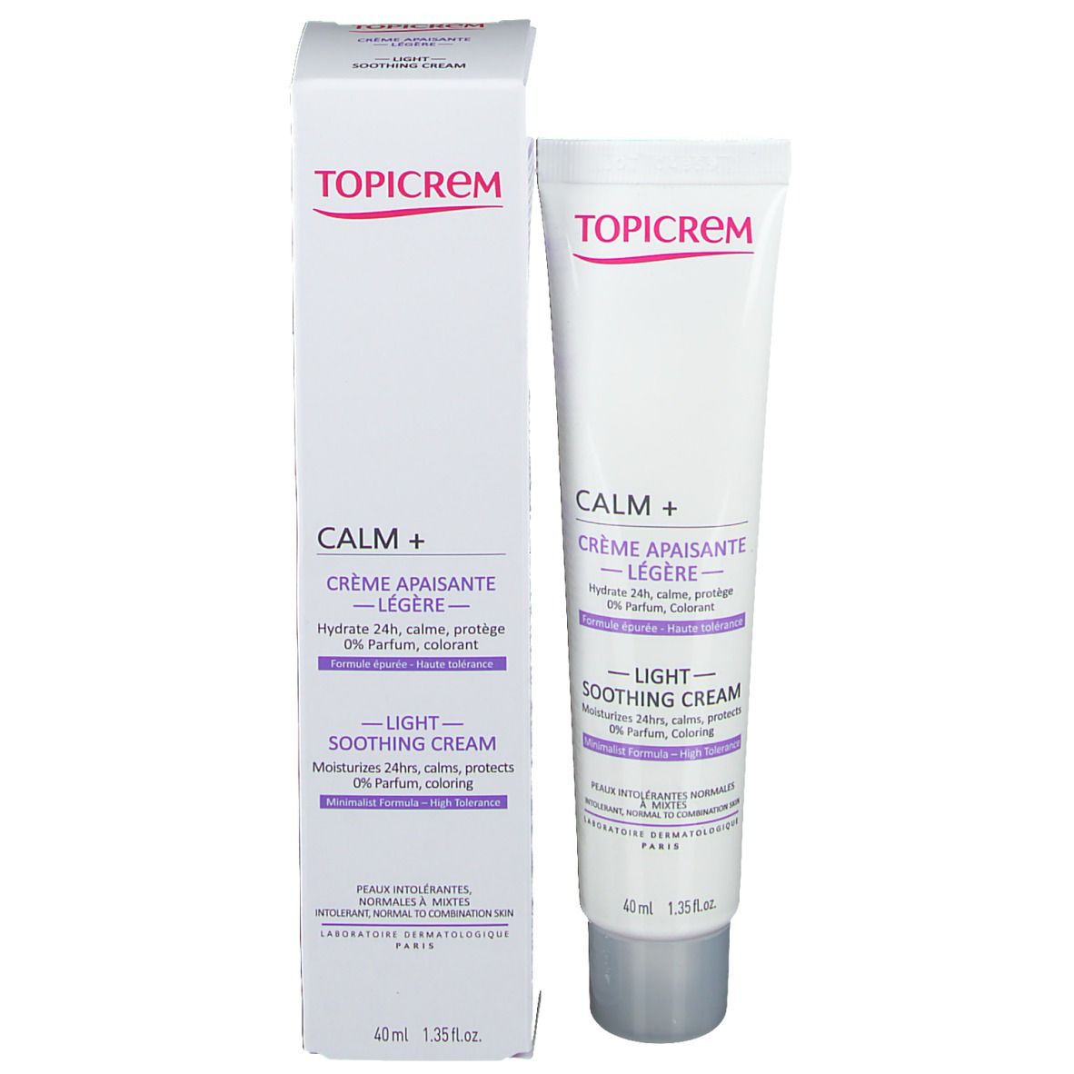 Emballage produit. Tube et boîte. TOPICREM CALM+ Crème apaisante légère. 40ml.