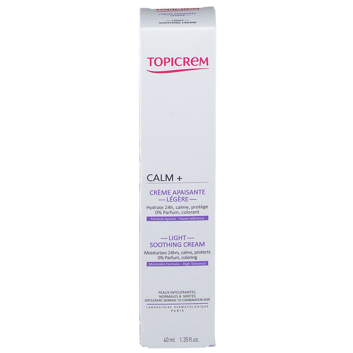 Boîte. TOPICREM CALM+ Crème apaisante légère. Texte et logo. 40ml.