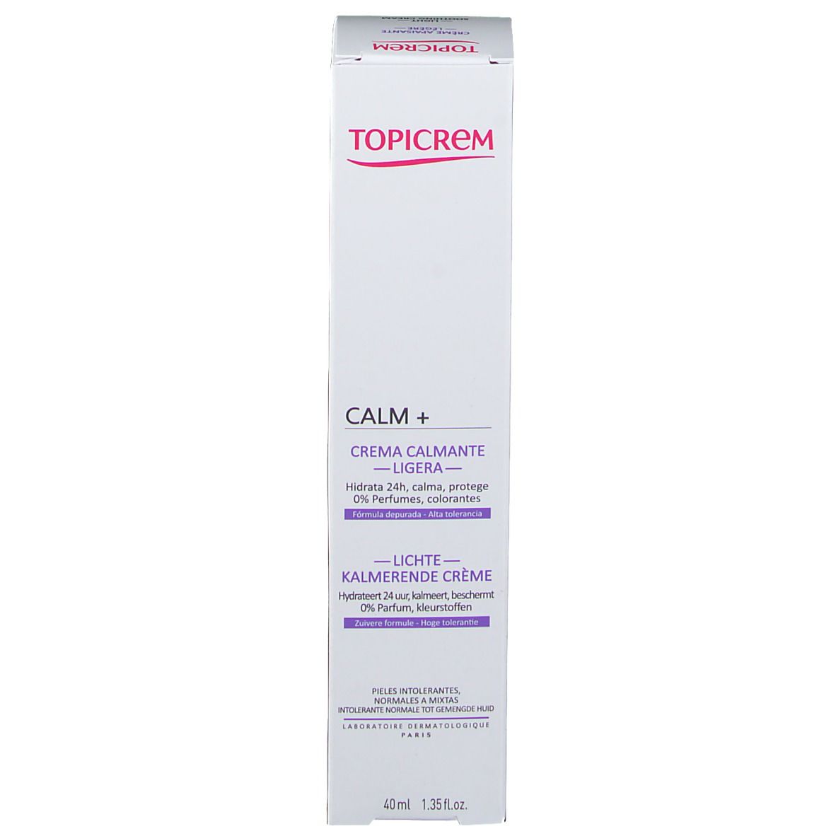 Boîte. TOPICREM CALM+ Crème. Texte et logo. 40ml. Logo FSC.