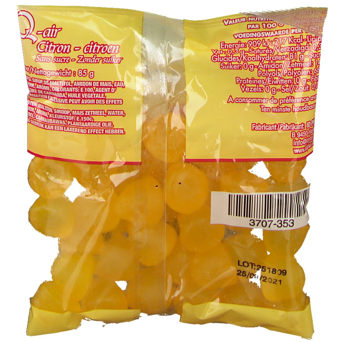 Rückseite der Verpackung mit gelben Bonbons. Aufschrift: Q-air, Zitrone ohne Zucker. Nährwertangaben, Barcode und Chargennummer.