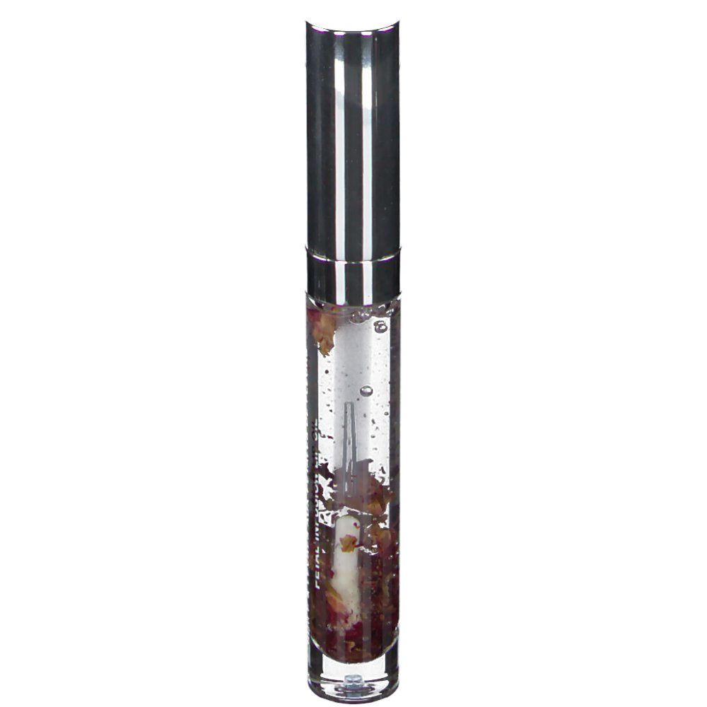 Flacon de gloss transparent avec bouchon argenté. Contient des pétales. Applicateur visible.