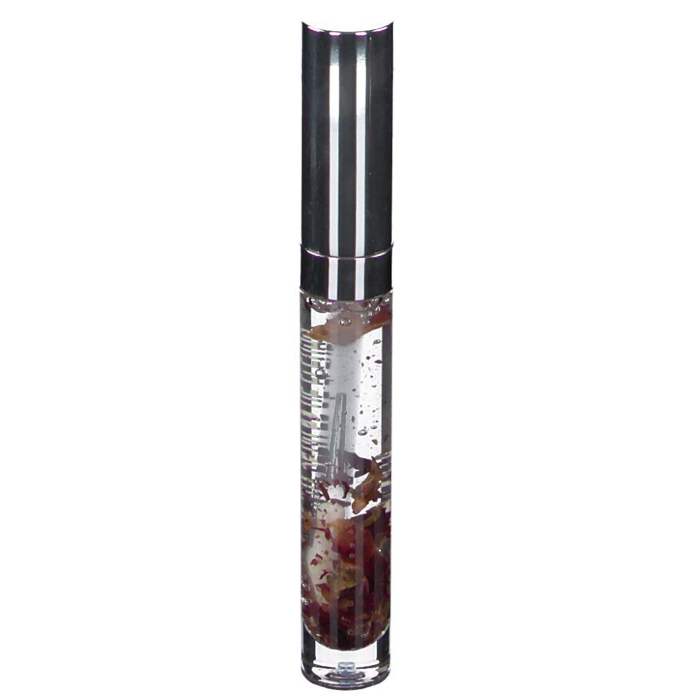 Flacon de gloss transparent avec bouchon argenté. Contient des pétales. Applicateur visible.