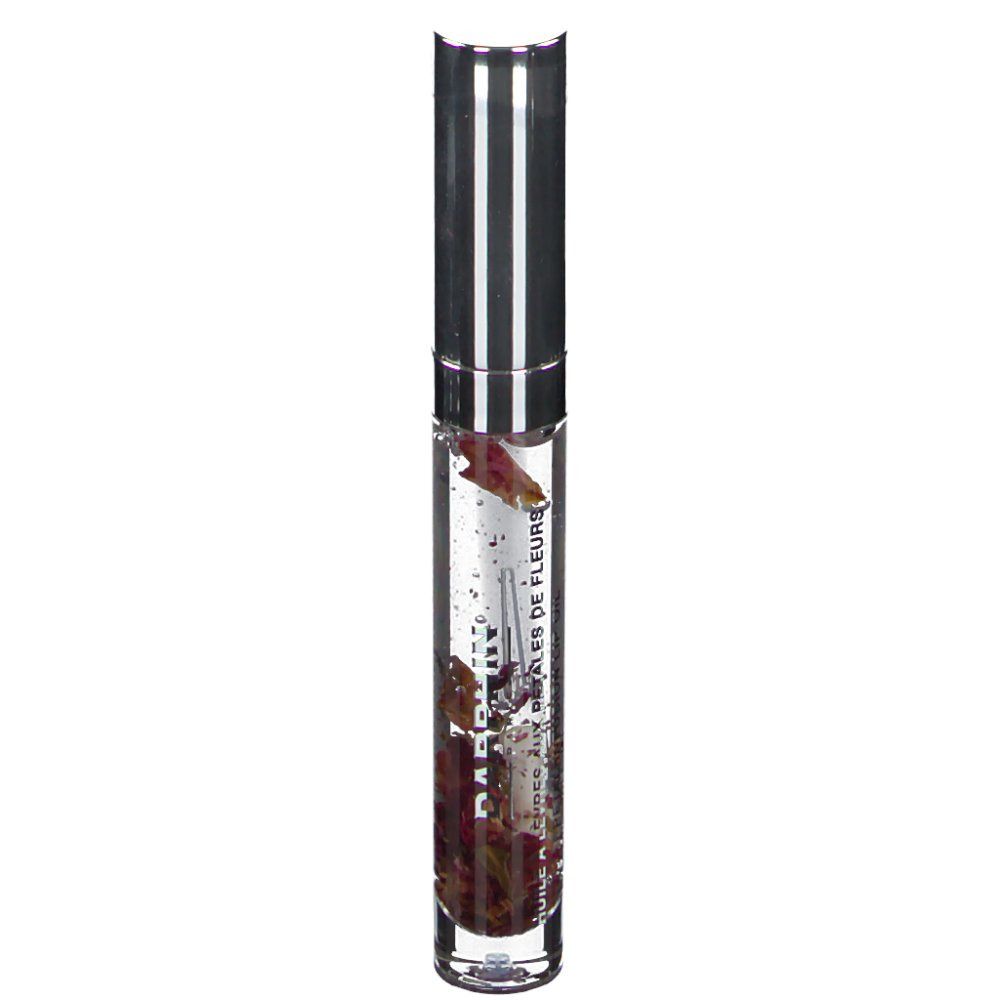 Flacon de gloss transparent avec bouchon argenté. Contient des pétales. Texte: DARPHIN, PETALES DE FLEURS.