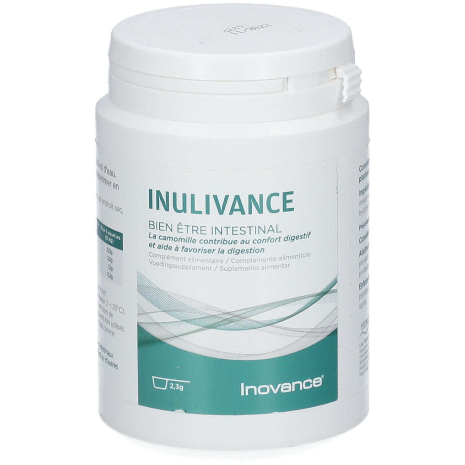 Pot blanc Inulivance. Texte en français. Logo Inovance en bas. Couvercle blanc. Fond blanc.