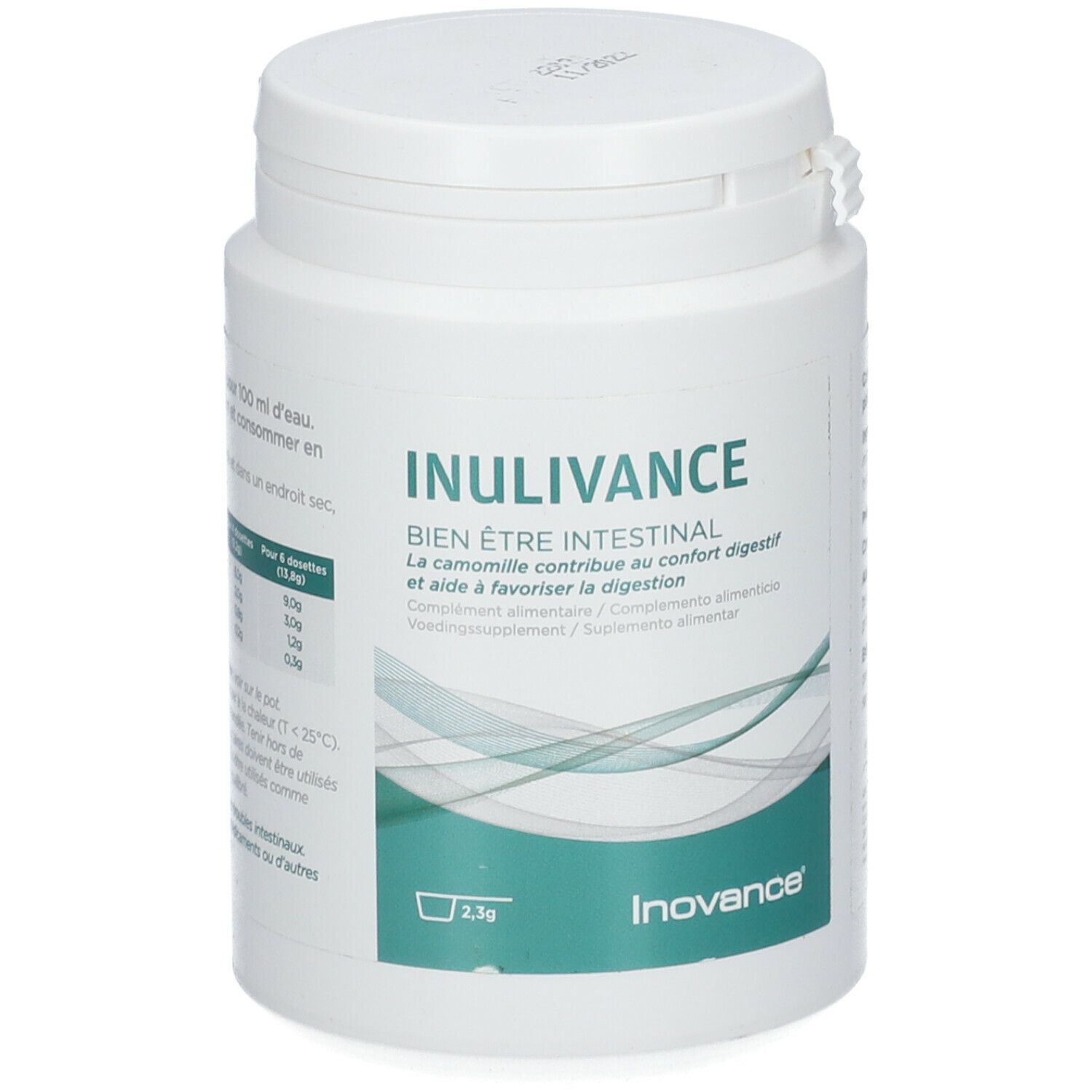 Pot blanc Inulivance. Texte en français. Logo Inovance. Bouchon blanc.