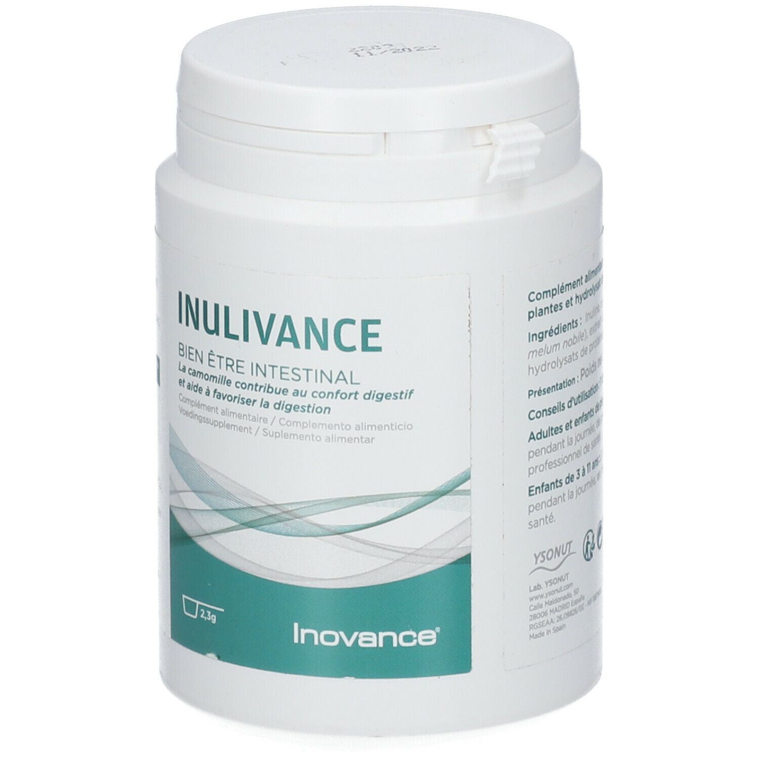 Pot blanc Inulivance. Texte en français. Logo Inovance. Bouchon blanc.