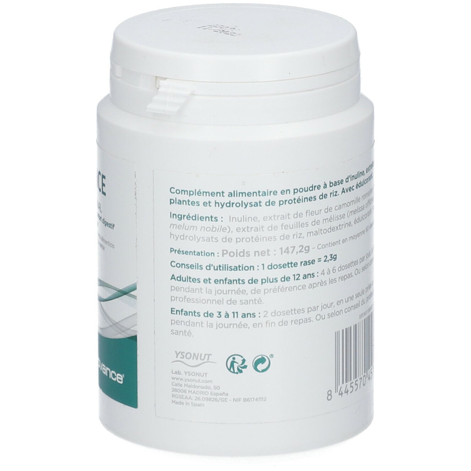 Dos du pot Inulivance. Texte en français. Liste des ingrédients. Bouchon blanc.