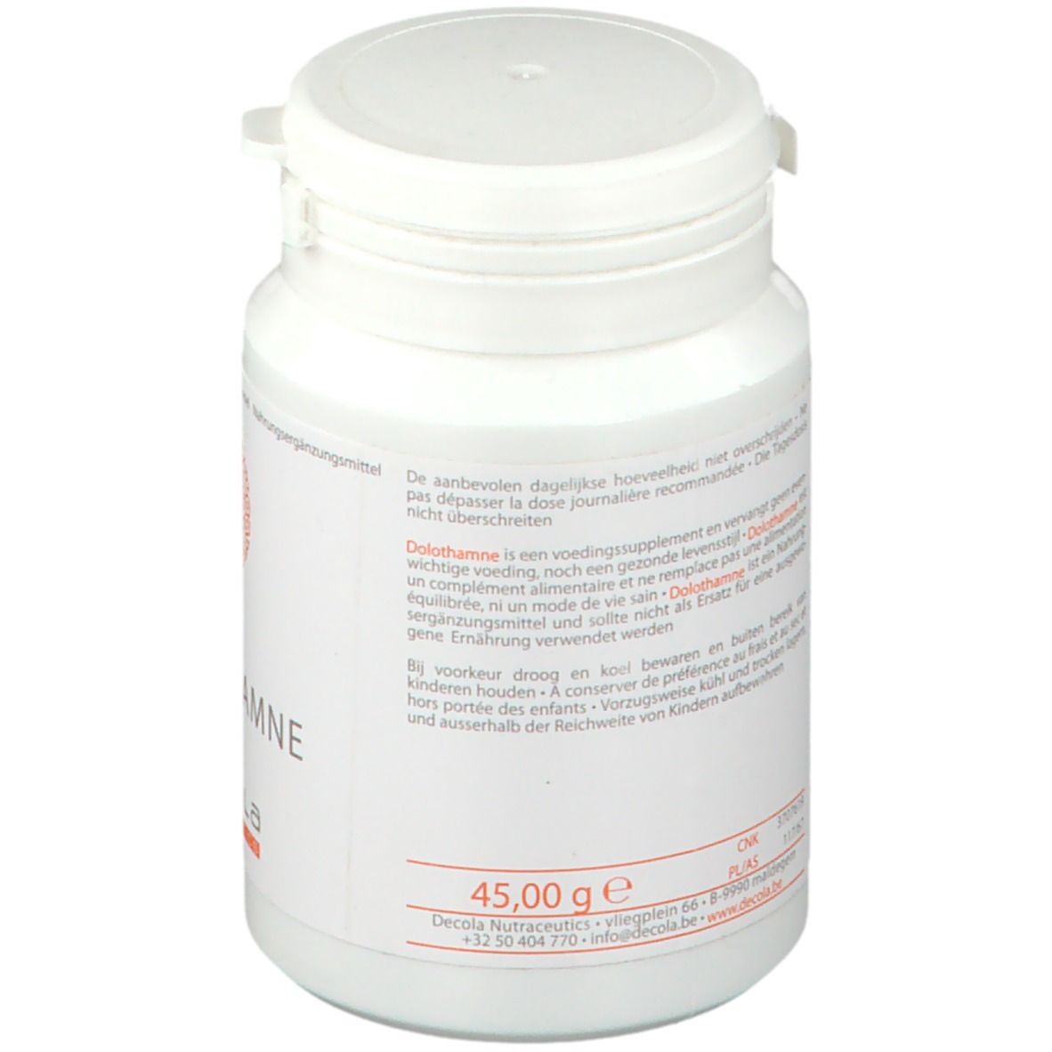 Dos du flacon blanc. Texte multilingue. Inscription "DOLOTHAMNE". Poids : 45,00 g.