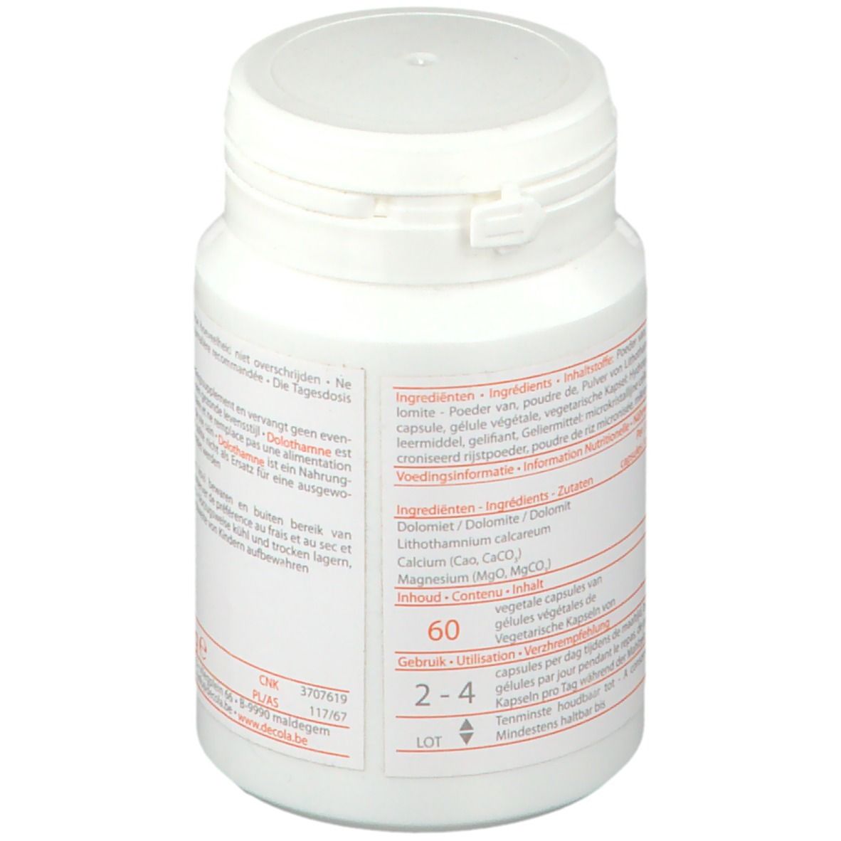 Flacon blanc avec couvercle. Inscription "DOLOTHAMNE". Liste des ingrédients et instructions de dosage. 60 gélules.