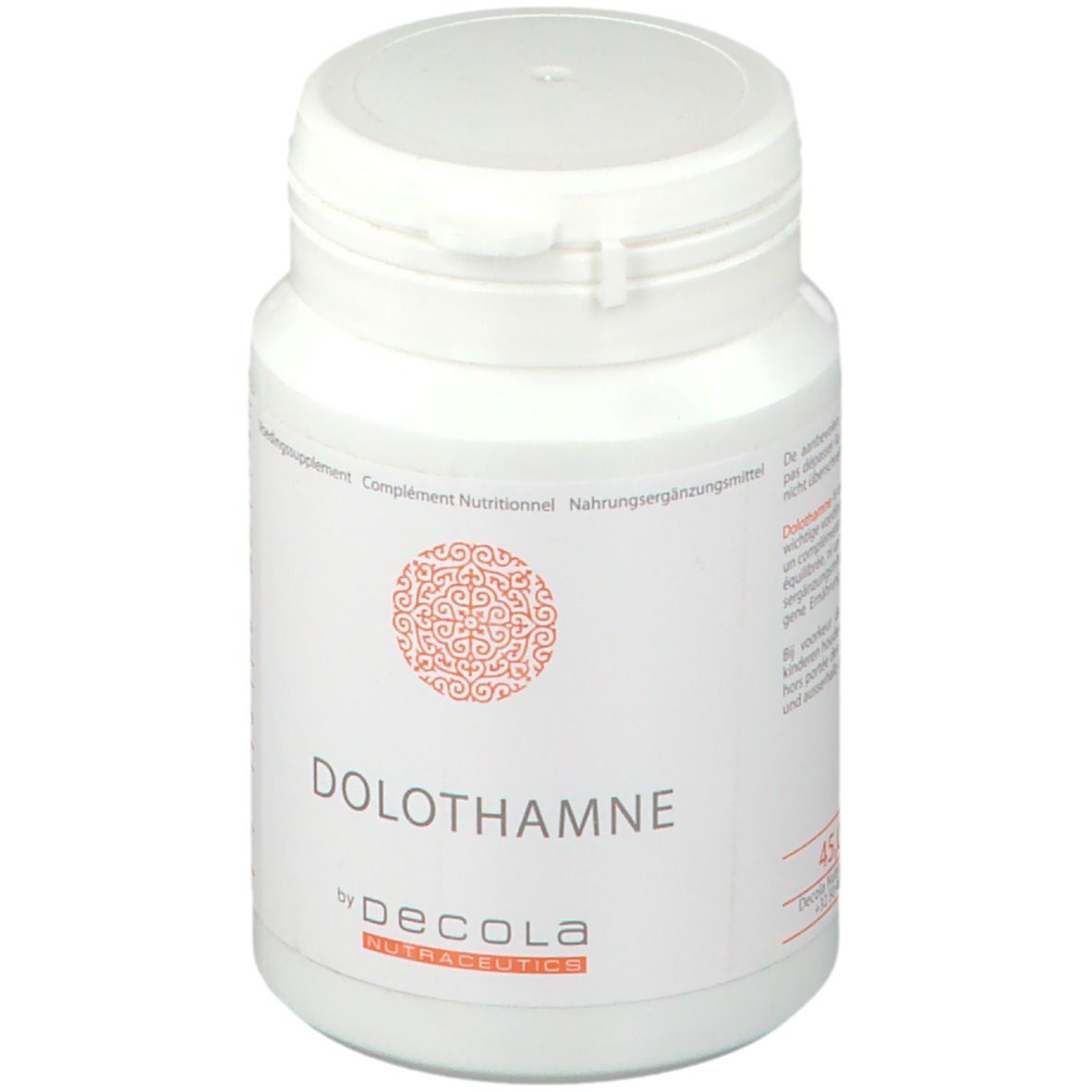 Flacon blanc avec couvercle. Inscription "DOLOTHAMNE" et "by Decola". Logo orange. Complément alimentaire.