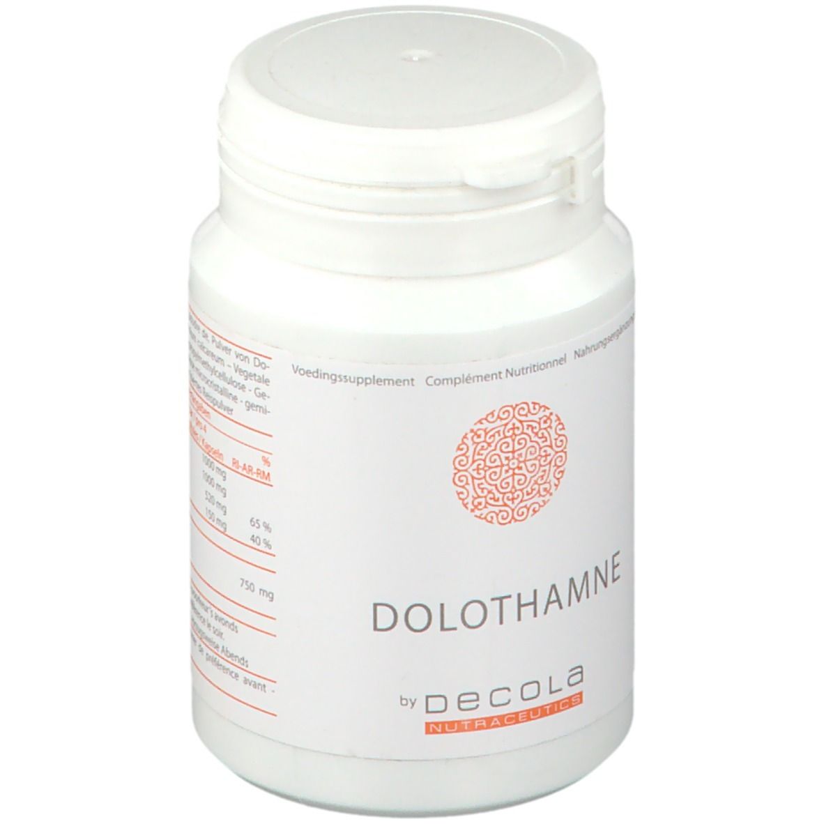 Flacon blanc avec couvercle. Inscription "DOLOTHAMNE" et "by Decola". Logo orange. Informations nutritionnelles.