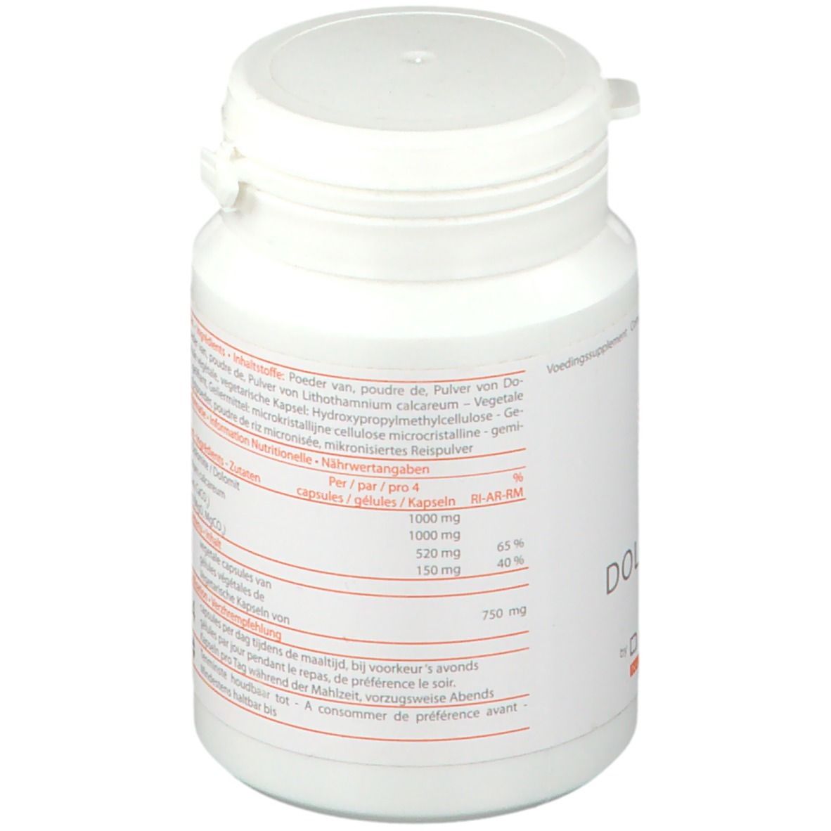 Dos du flacon blanc. Texte multilingue. Informations nutritionnelles. Liste des ingrédients. Instructions de dosage.