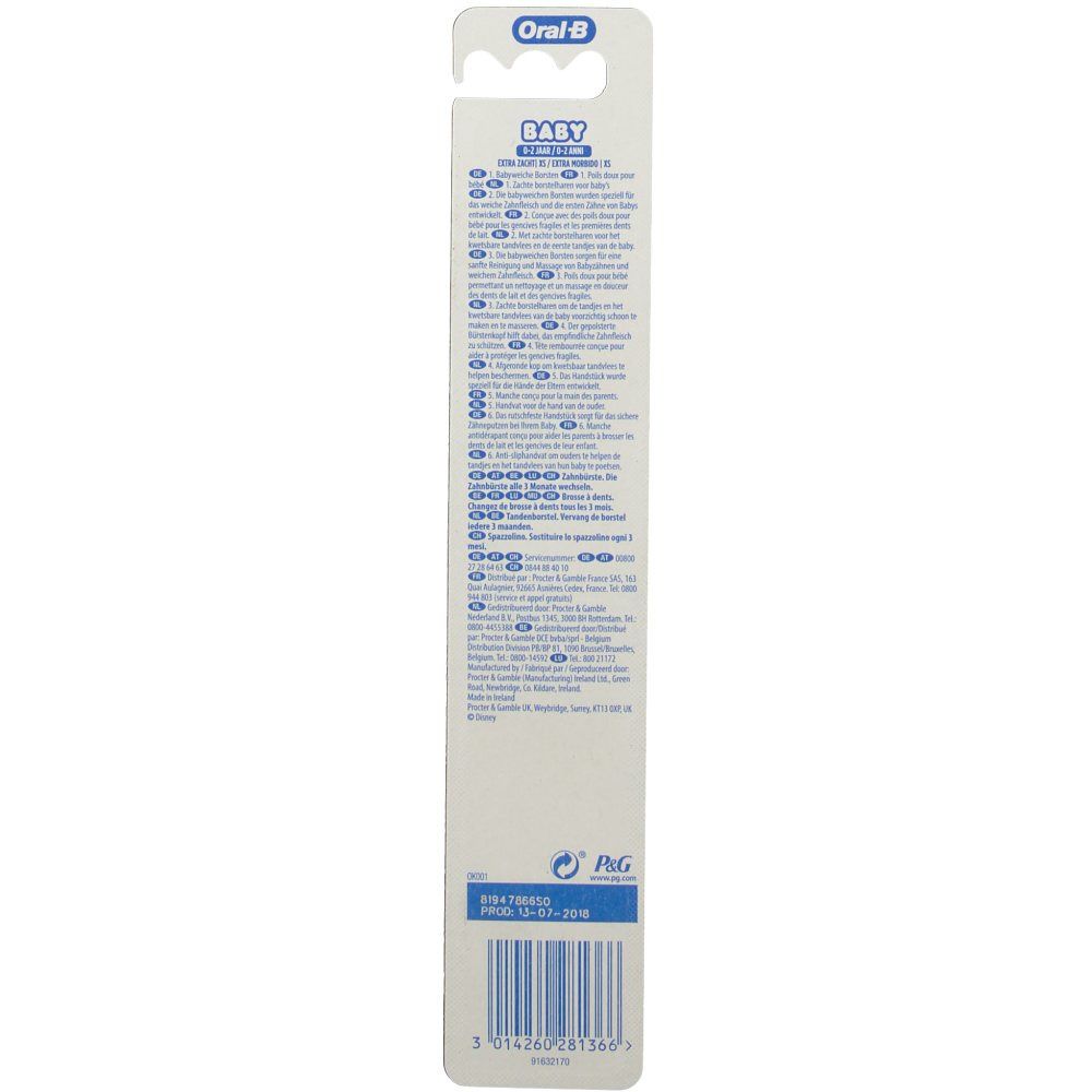 Emballage de brosse à dents pour bébé. Arrière avec informations produit et code-barres. Marque Oral-B.