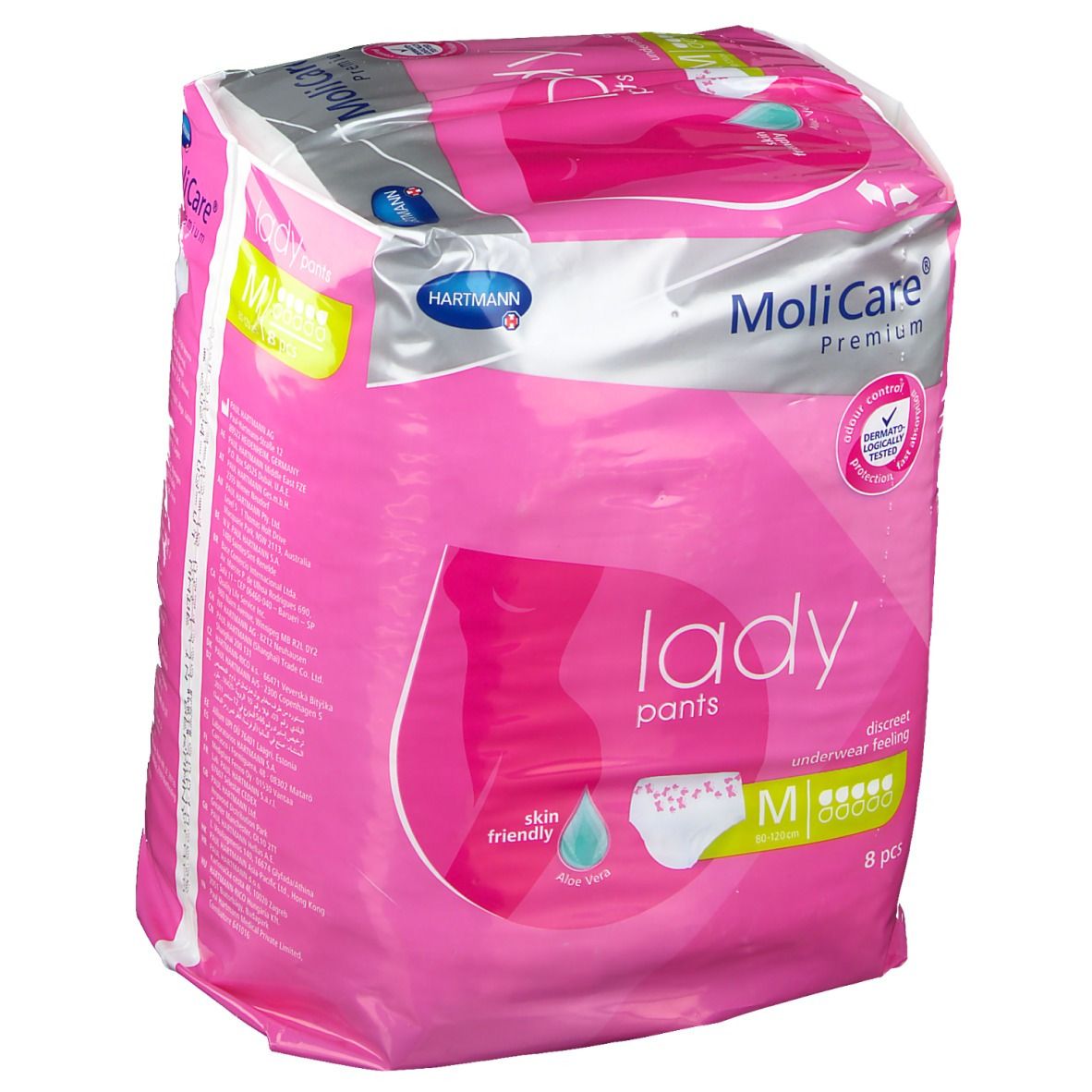 Paquet de MoliCare Premium Lady Pants, taille M, 8 pièces. Emballage rose avec informations et logo du produit.