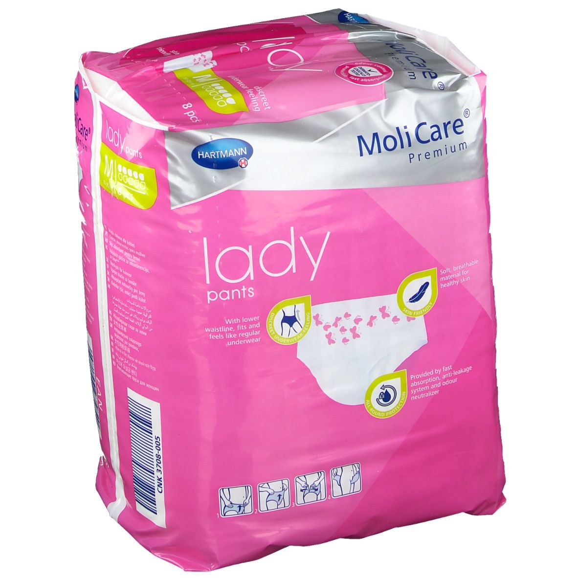 Paquet de MoliCare Premium Lady Pants, rose. Image du produit, logo et informations sur l'emballage.