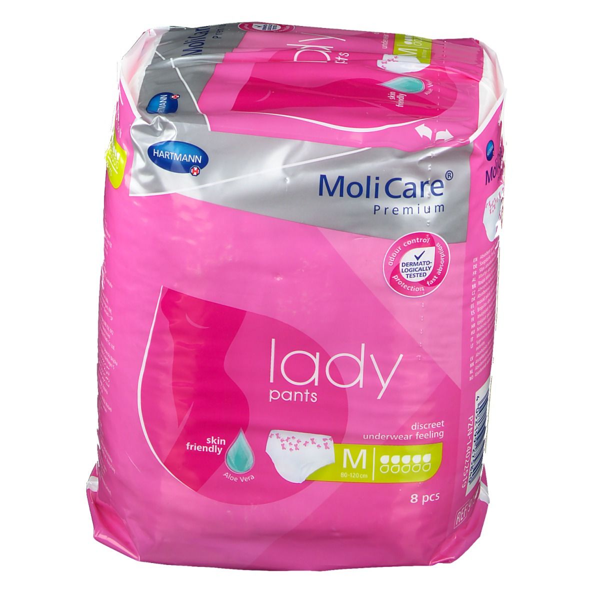 Paquet de MoliCare Premium Lady Pants, rose. Logo, nom du produit et informations sur l'emballage.