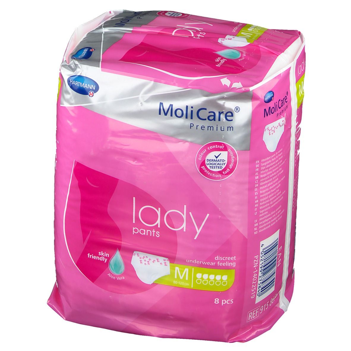 Paquet de MoliCare Premium Lady Pants, rose. Logo, nom du produit et informations sur l'emballage.