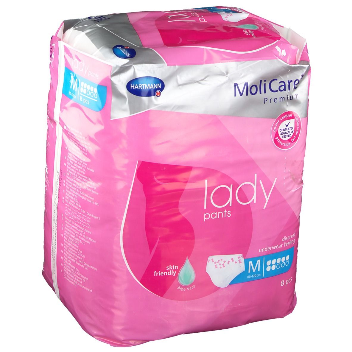Paquet de MoliCare Lady Pants, taille M, 8 pièces. Emballage rose avec image du produit et nom de la marque.