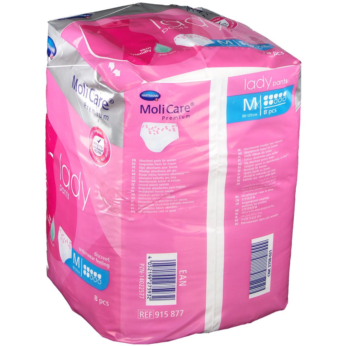 Paquet de MoliCare Lady Pants, taille M, 8 pièces. Dos de l'emballage rose avec informations sur le produit.