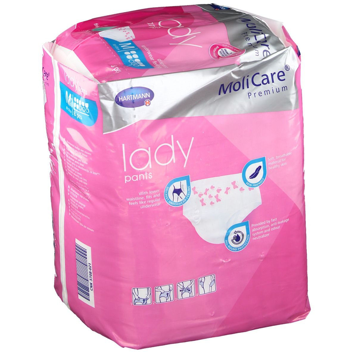 Paquet de MoliCare Lady Pants, taille M, 8 pièces. Emballage rose avec image du produit et nom de la marque.