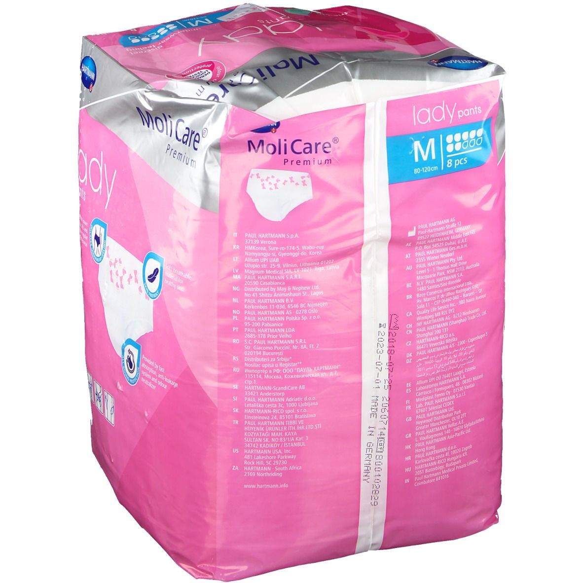 Paquet de MoliCare Lady Pants, taille M, 8 pièces. Dos de l'emballage rose avec informations sur le produit.