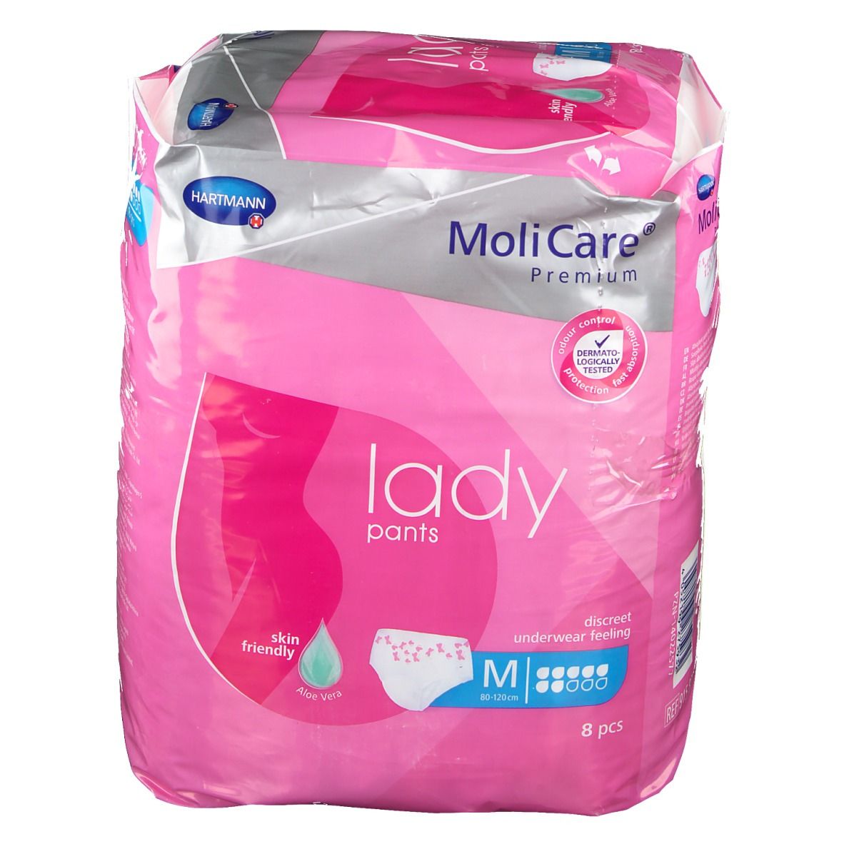 Paquet de MoliCare Lady Pants, taille M, 8 pièces. Emballage rose avec image du produit et nom de la marque.
