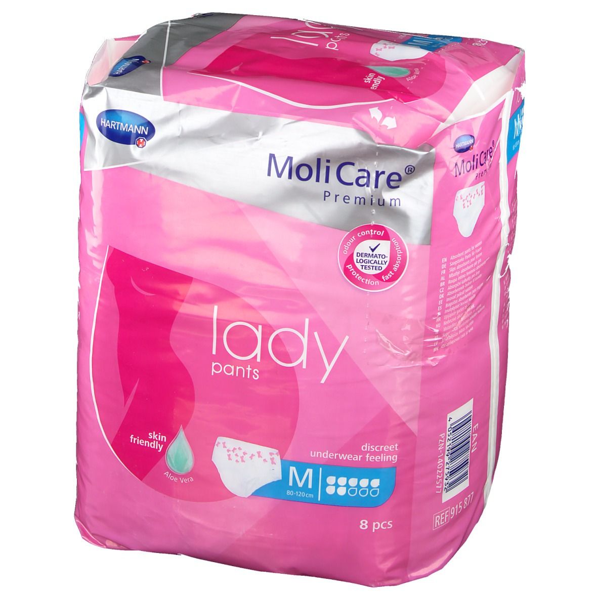 Paquet de MoliCare Lady Pants, taille M, 8 pièces. Emballage rose avec image du produit et nom de la marque.