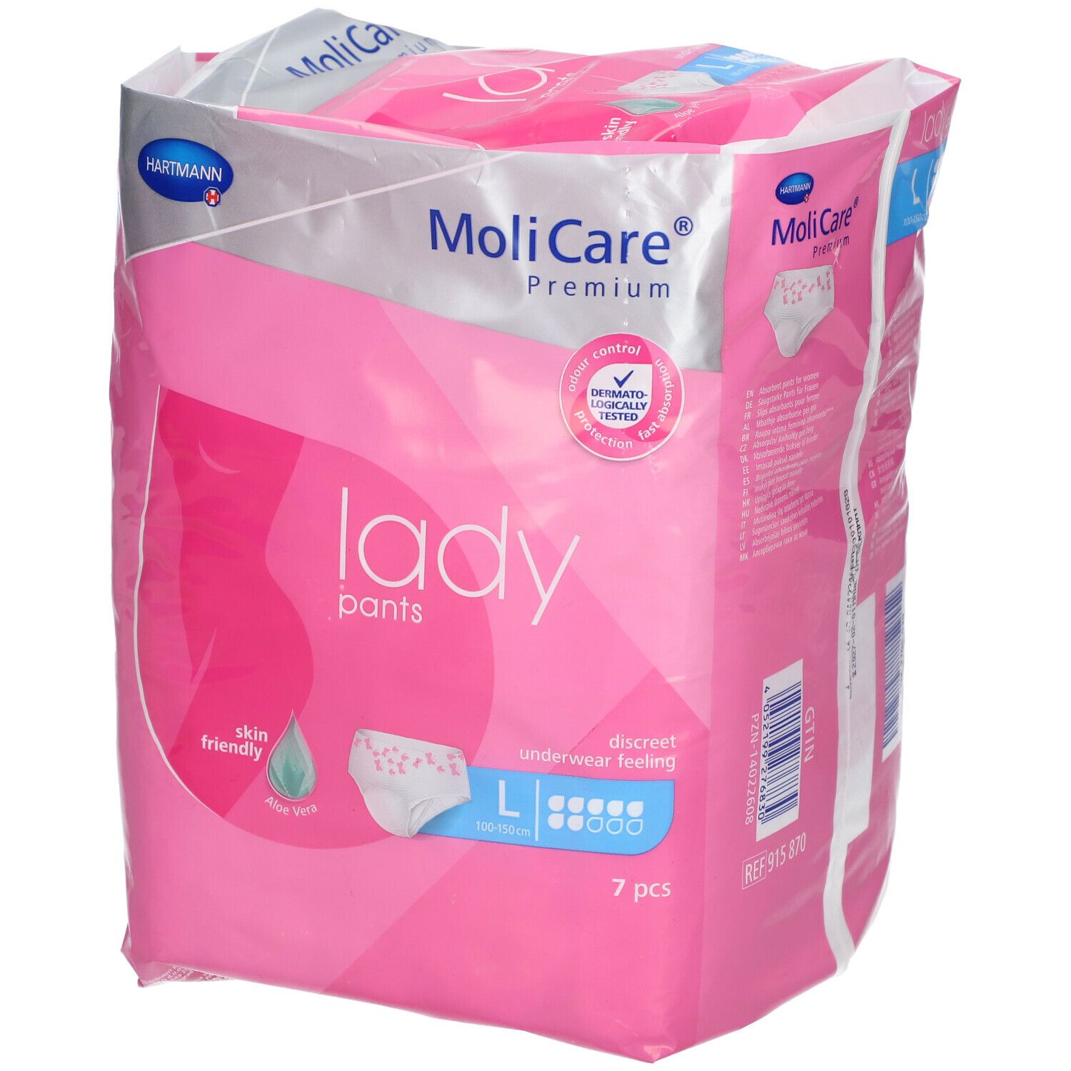 Emballage rose MoliCare® Premium Lady Pants. Inscription: Lady Pants, L, 7 pièces. Avec sceau testé dermatologiquement.