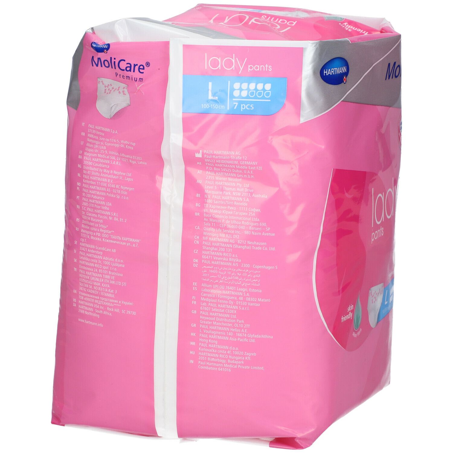 Dos de l'emballage rose MoliCare® Premium Lady Pants. Texte multilingue. Nom du produit et taille L.