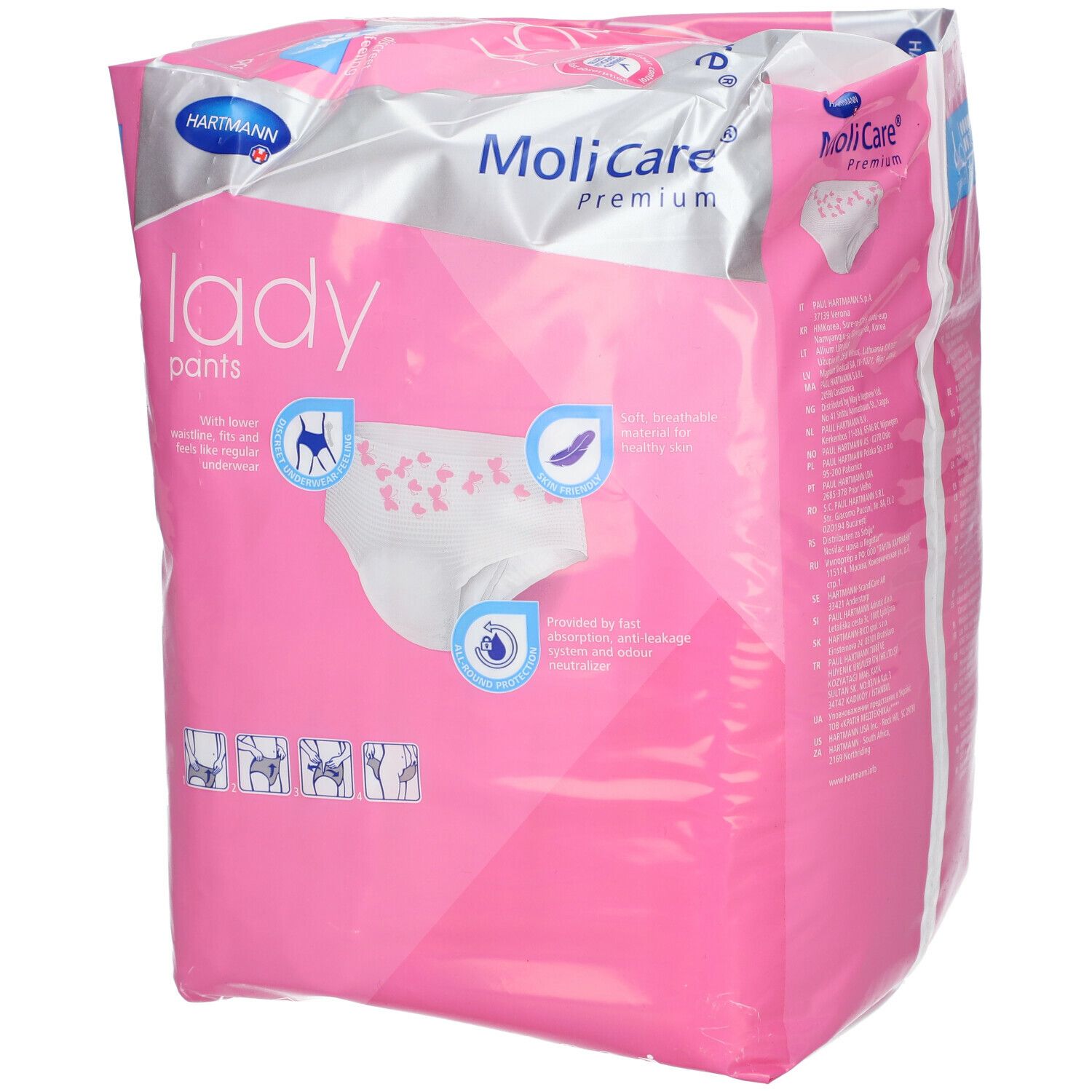 Emballage rose MoliCare® Premium Lady Pants. Illustration du produit. Inscription: Lady Pants. Taille L. Illustrations d'utilisation.