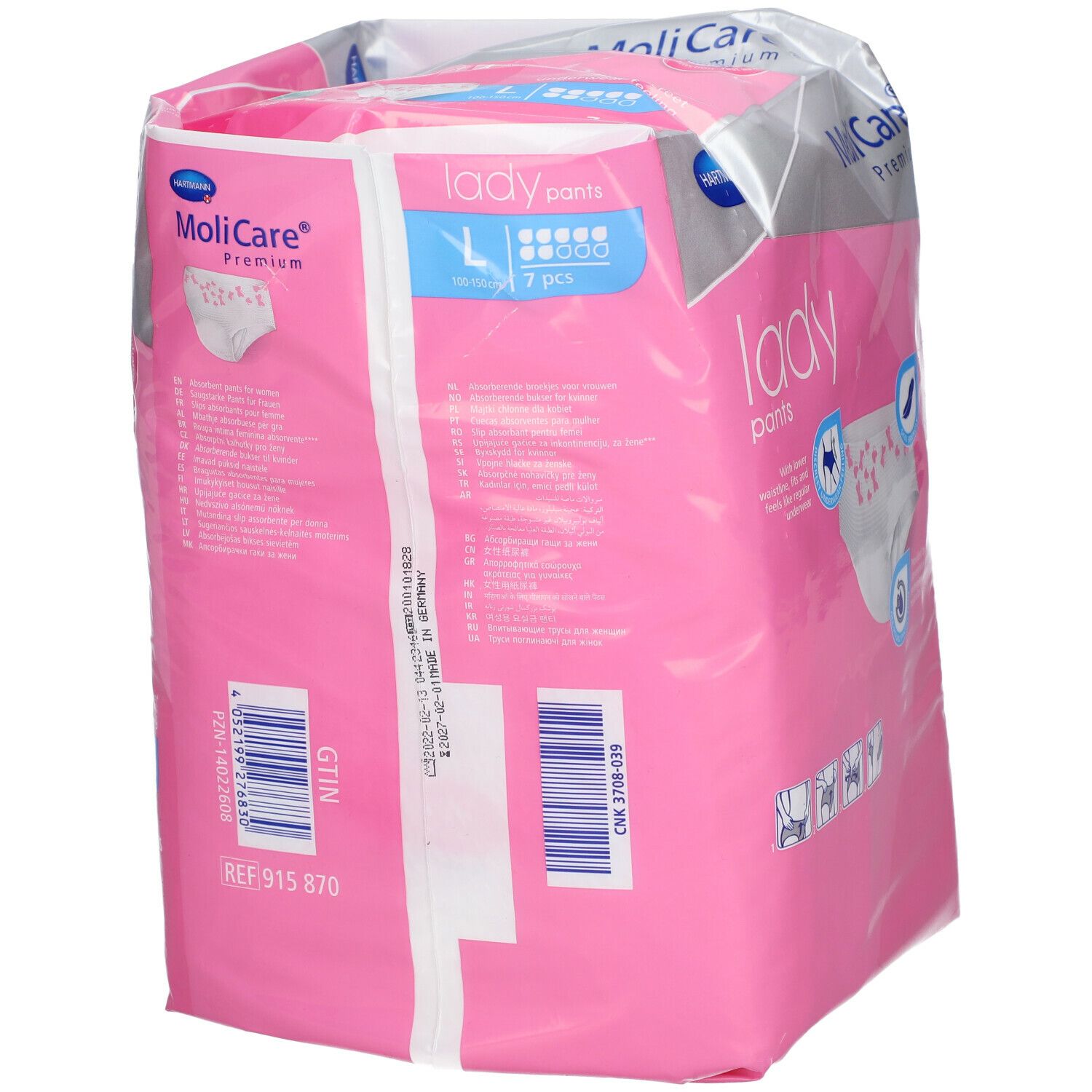 Dos de l'emballage rose MoliCare® Premium Lady Pants. Nom du produit, taille L, numéro de lot et code-barres.